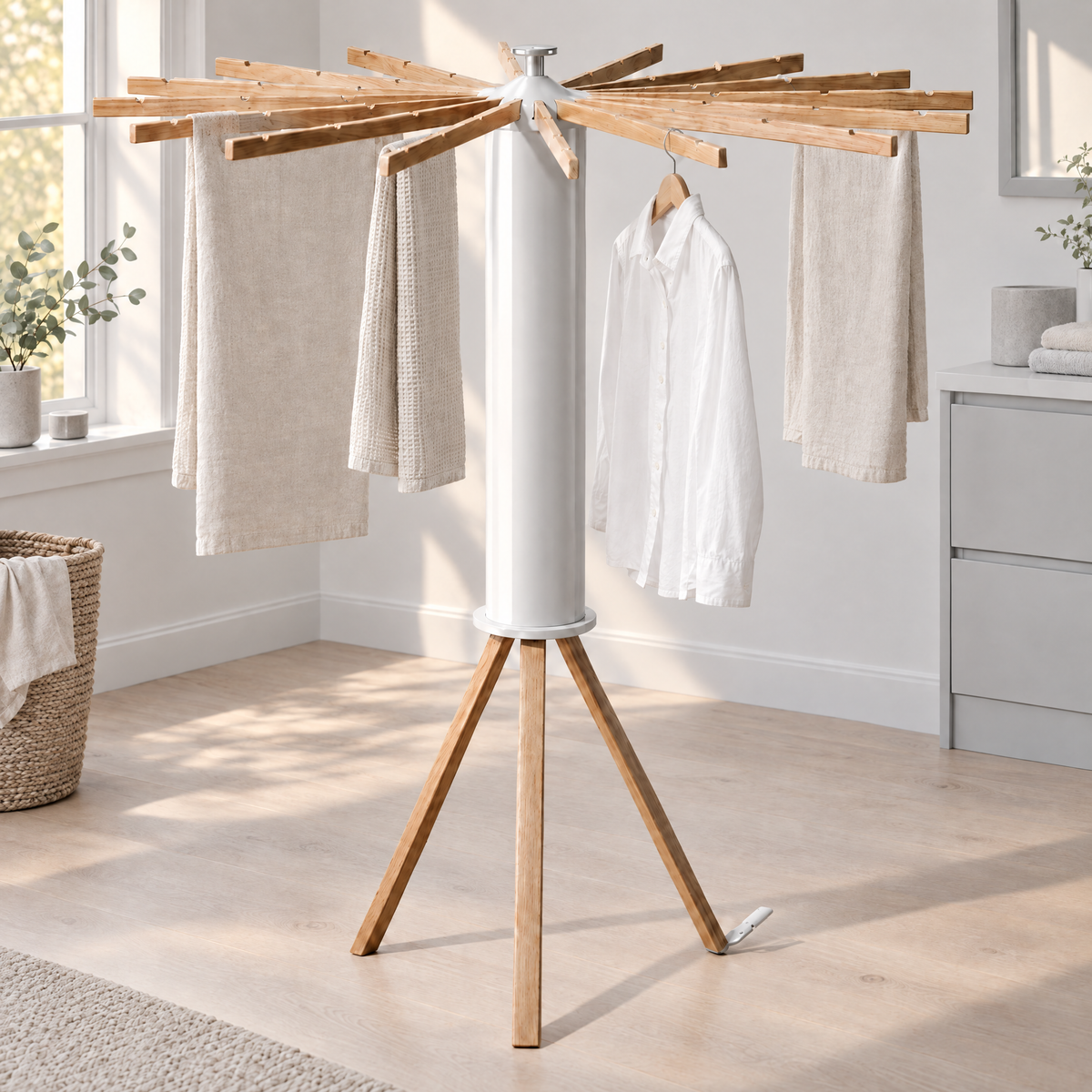 Foldable Rotary Clothes Airer with Wooden Arms - Drying Linen Towels and a White Shirt in a Bright Room