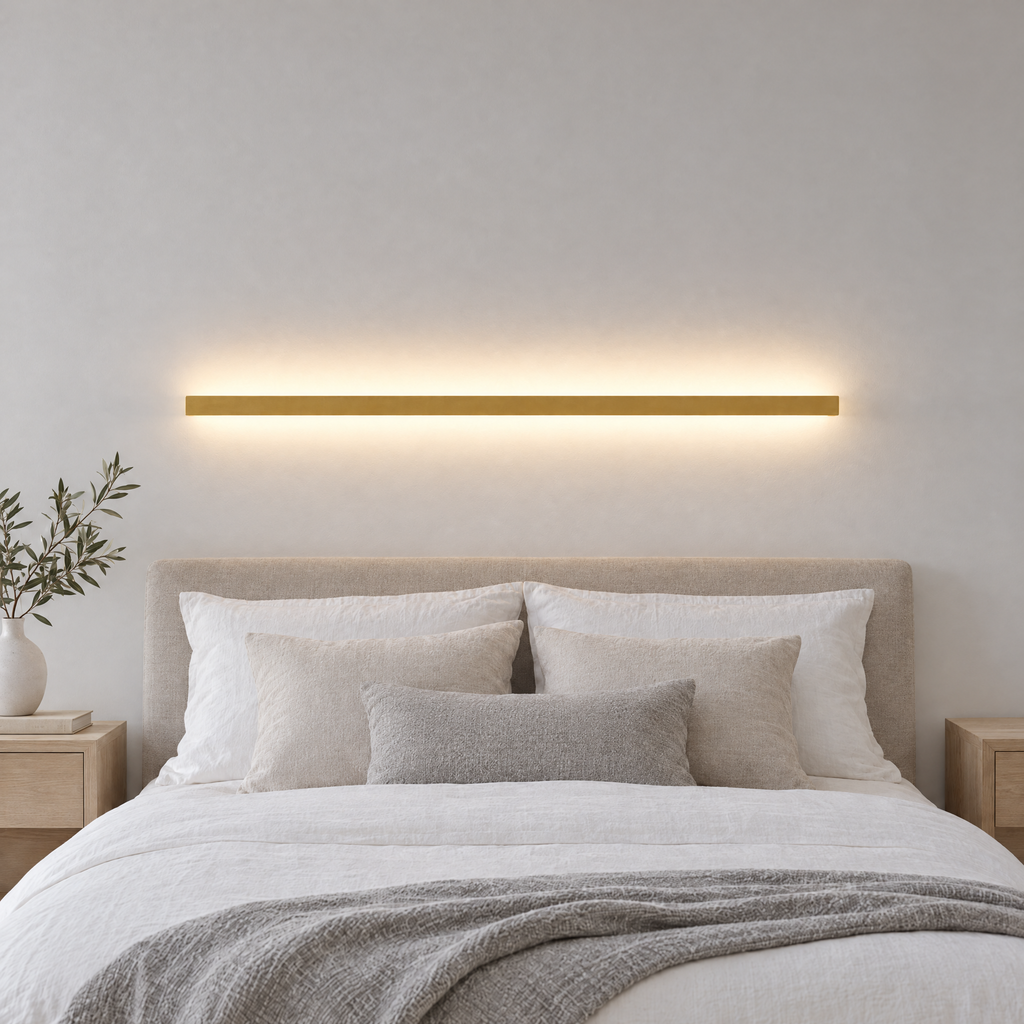 Slim Linear LED Wall Light - Gold Finish Lit Above Bed