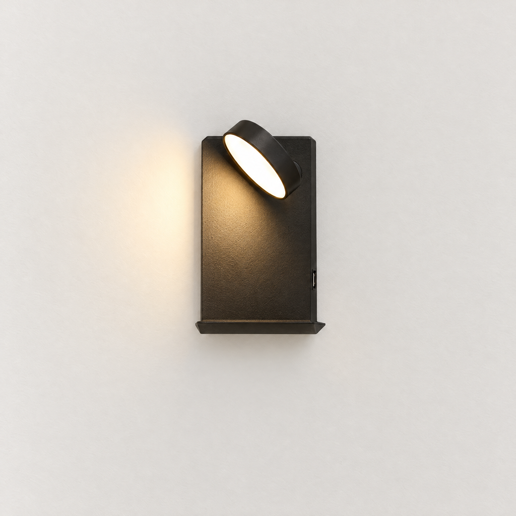 LED Bedside Wall Light with Shelf and USB Port - Black Finish on Plain White Wall