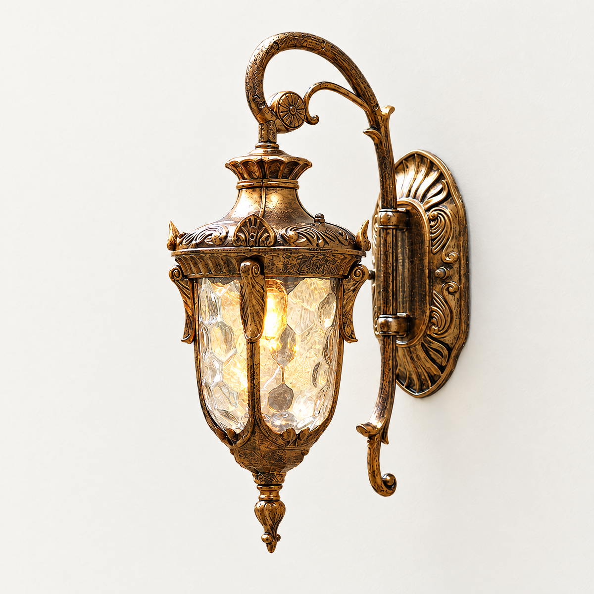 Vintage Outdoor Wall Lantern with Scroll Arm - Bronze Finish on Plain White Wall
