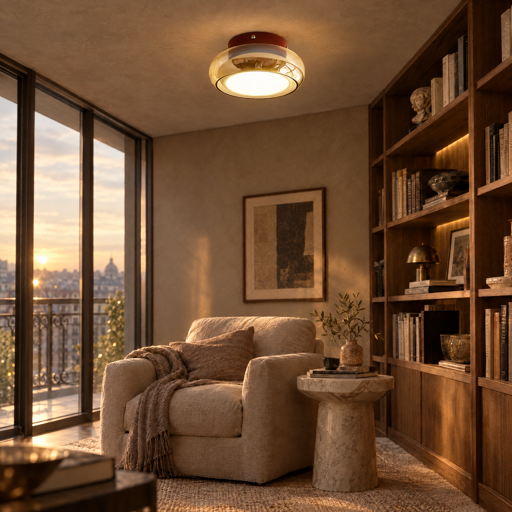 Retro Smoked Glass Flush Ceiling Light - Lit in Reading Nook