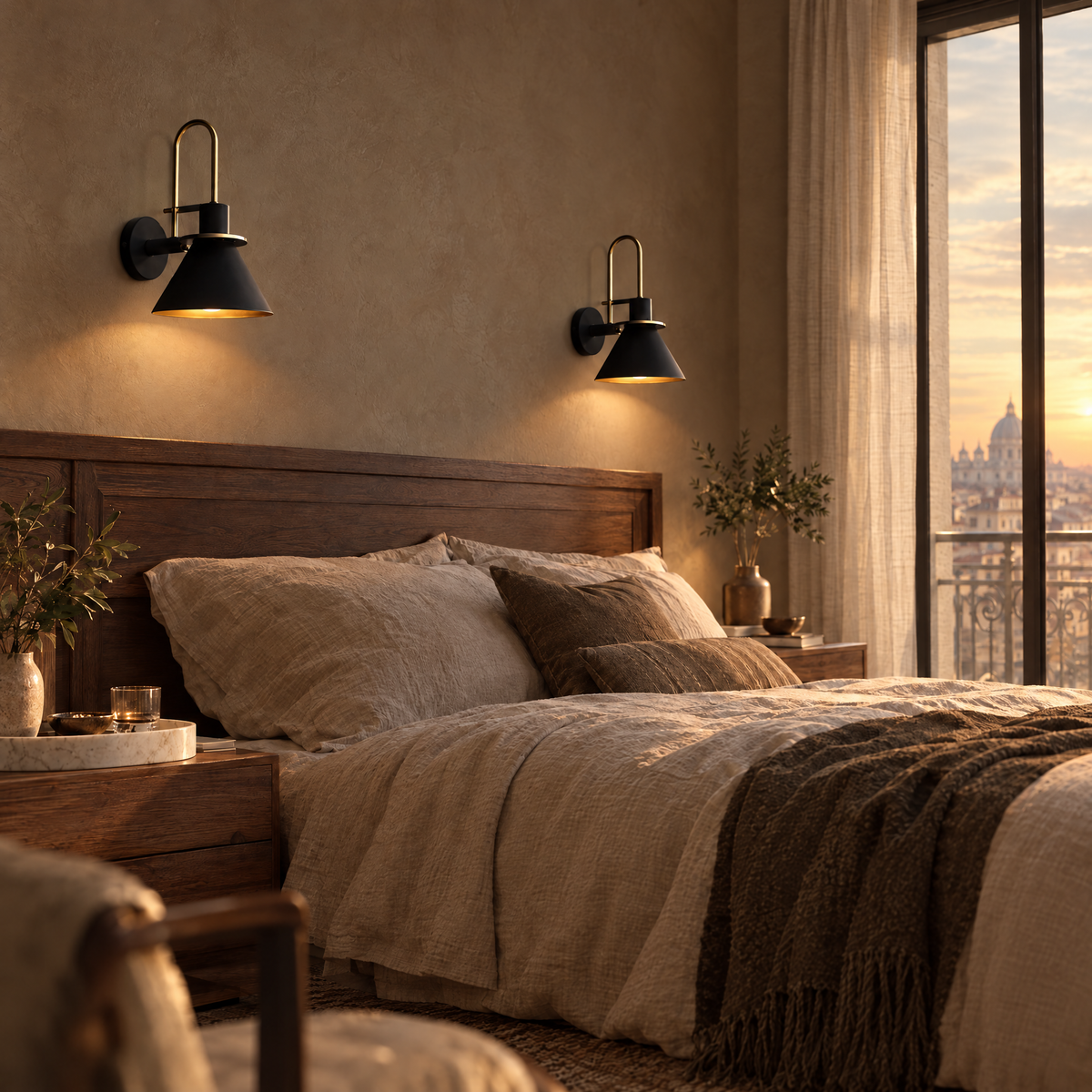 Mid-Century Wall Sconce with Cone Shade and Brass Arm - Pair of Black Sconces Lit Above Bed