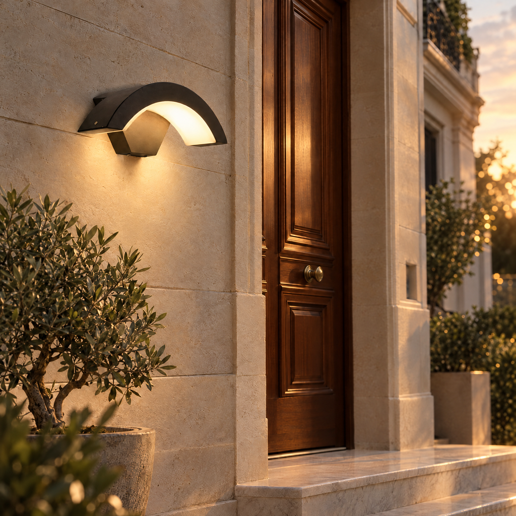 Modern Outdoor LED Wall Light - Lit Beside Front Door