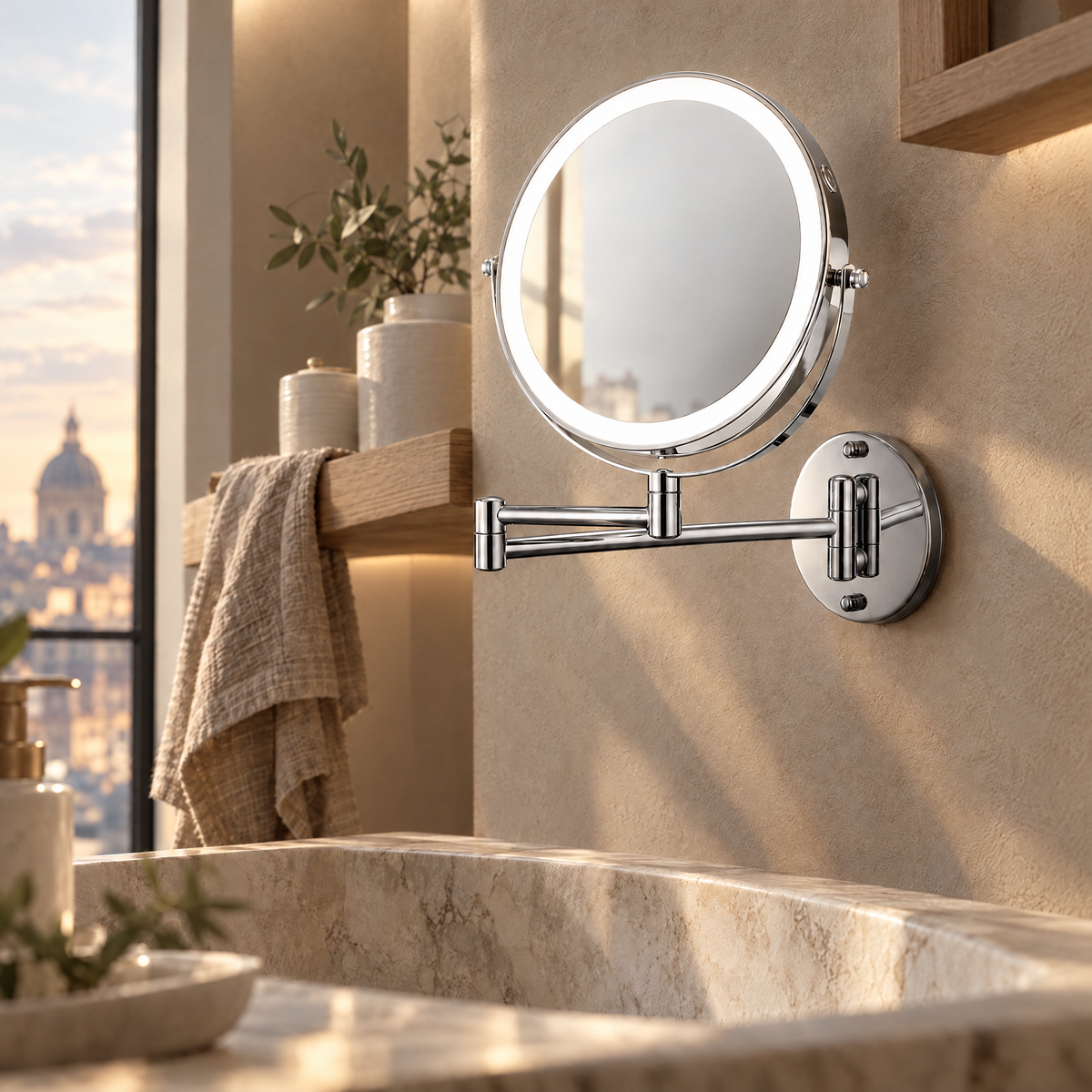 Rechargeable Wall Vanity Mirror LED Light - Chrome Finish in Bathroom, Late Afternoon Light
