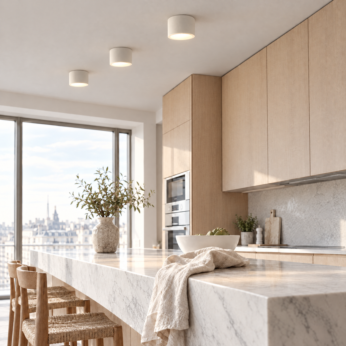 Cylinder LED Ceiling Light - Three Lit Above Kitchen Island