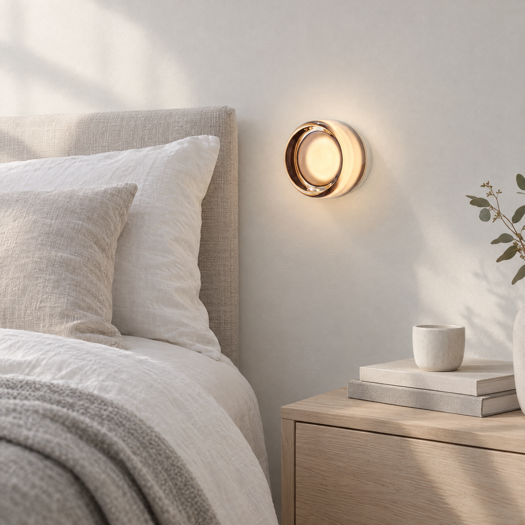 Compact Curved Wall Light - Smoke Version Lit Beside Bed