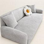 Stretch Jacquard Sofa Cover - Grey Leaf Texture on Sofa, Off-White Background