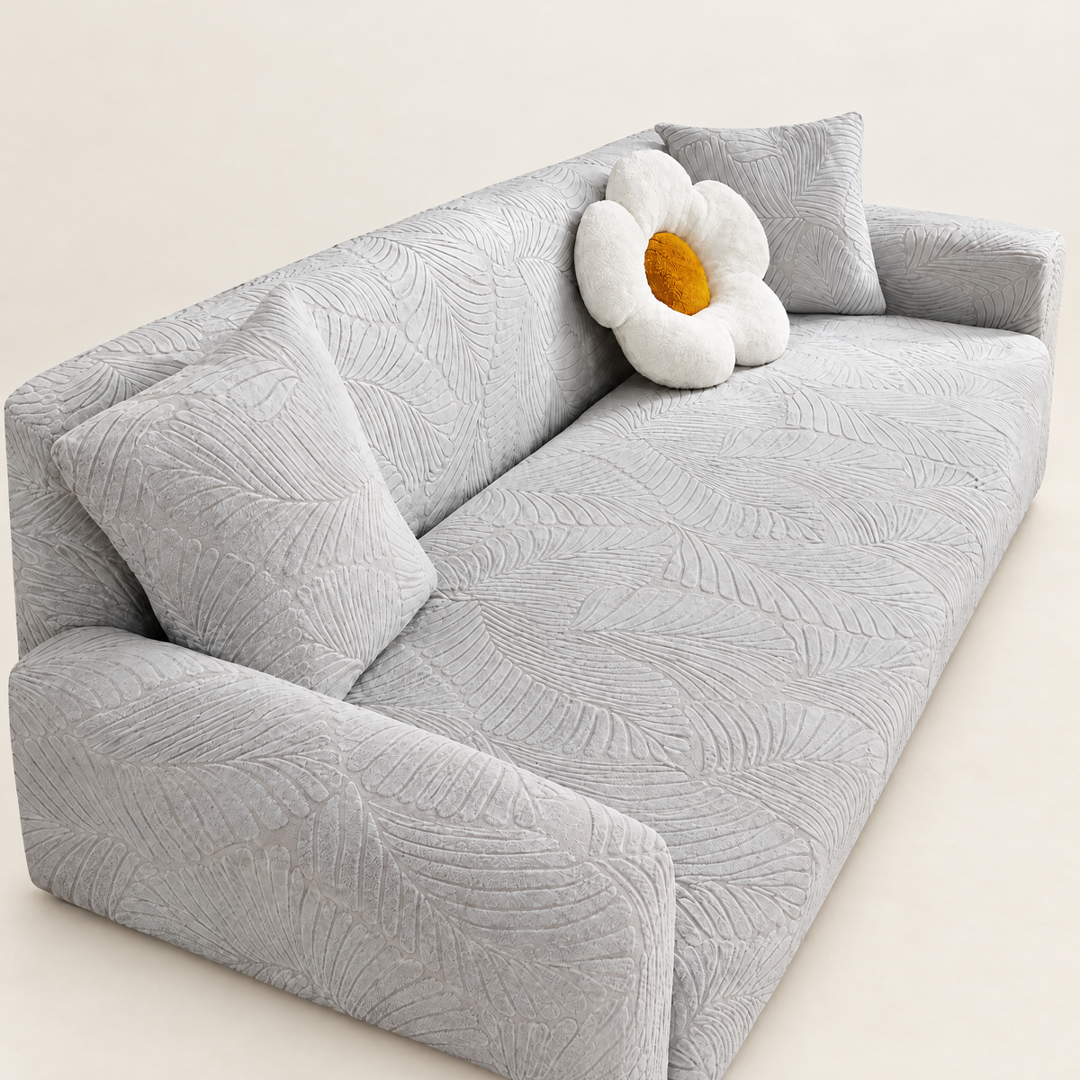 Stretch Jacquard Sofa Cover - Grey Leaf Texture on Sofa, Off-White Background