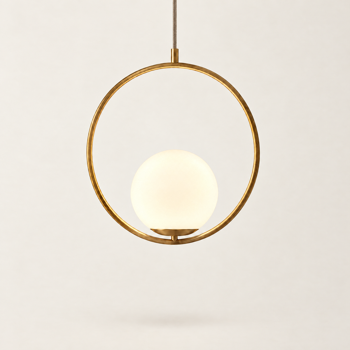 Opal Glass Cage Pendant Light - Gold Round Frame on Off-White Background