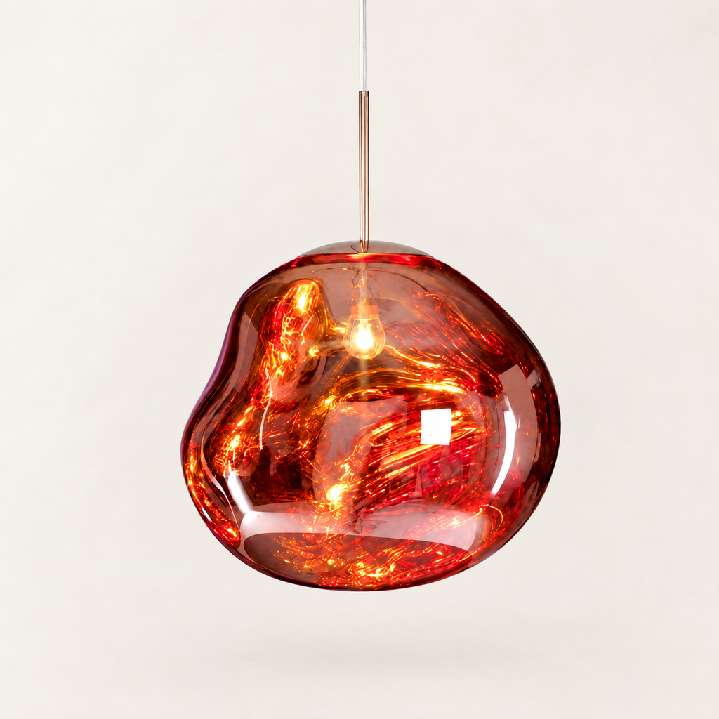 Molten Mirrored Globe Pendant Light - Red Finish, Lit, on Off-White Background