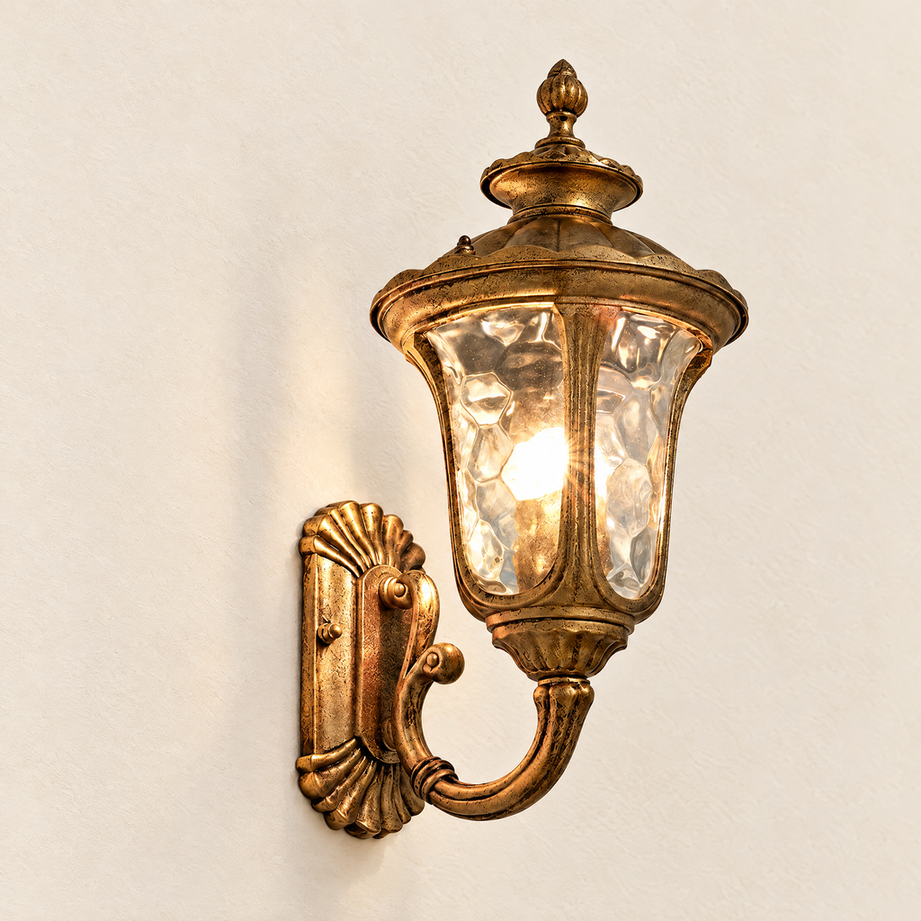 Ripple Glass Outdoor Wall Lantern - Bronze Finish Lit on Off-White Wall