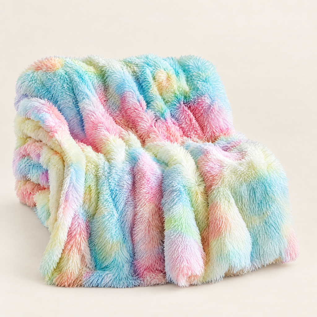 Tie-Dye Faux Fur Throw - Multicolour Throw Folded on Off-White Background