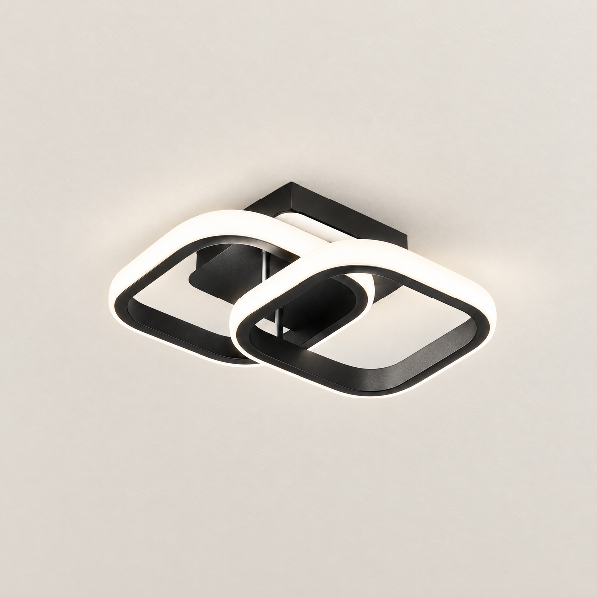 Sculptural Loop LED Ceiling Light - Black Square Loop, Lit, on Off-White Ceiling