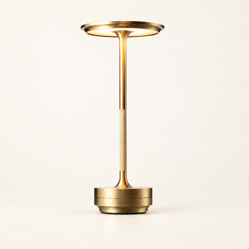 Cordless LED Table Lamp - Gold Finish, Lit, on Off-White Background