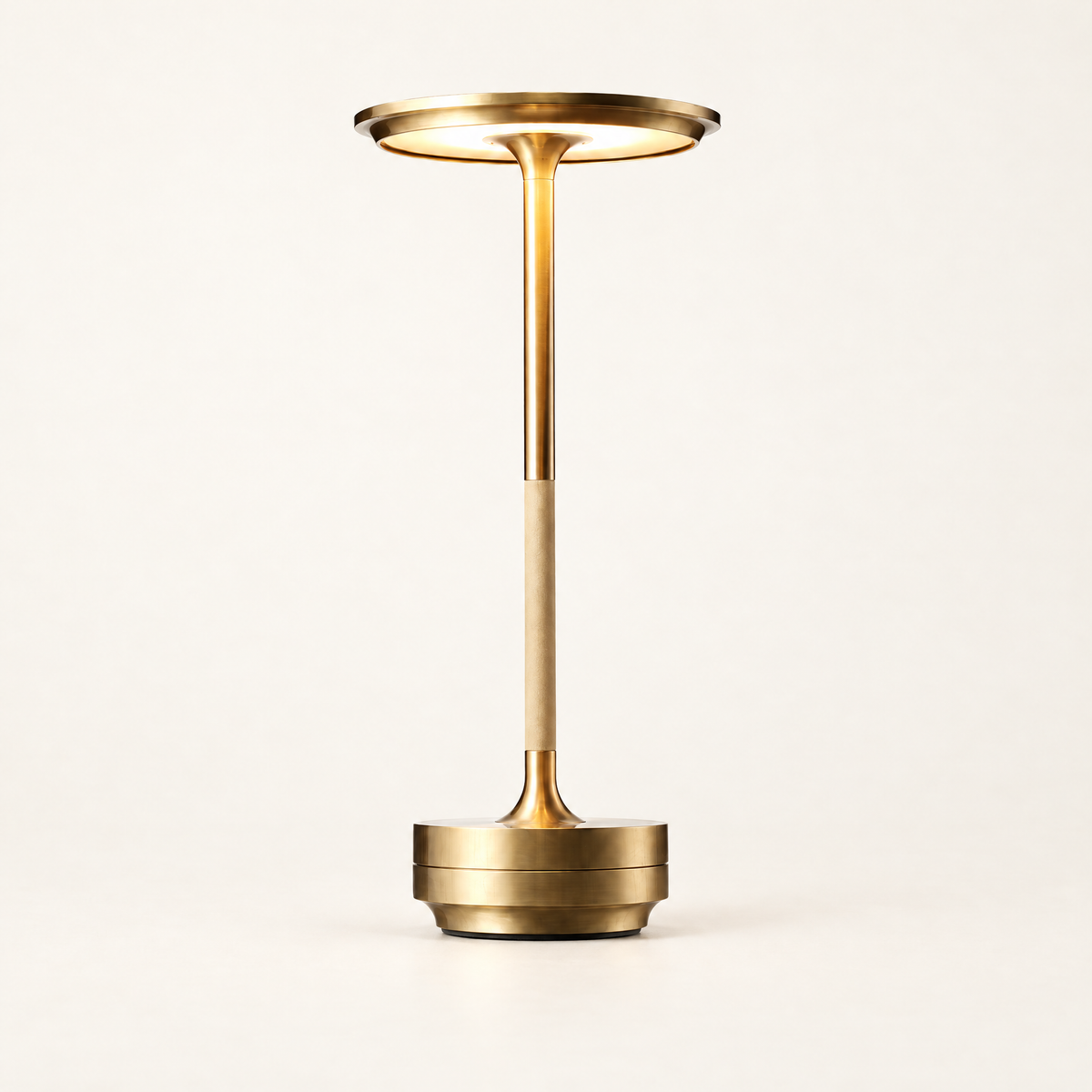 Cordless LED Table Lamp - Gold Finish, Lit, on Off-White Background