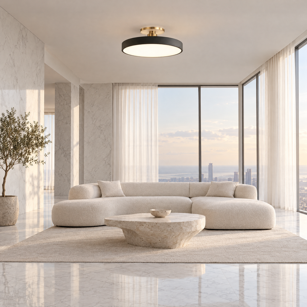 Round LED Ceiling Light with Acrylic Diffuser in a spacious white marble living room