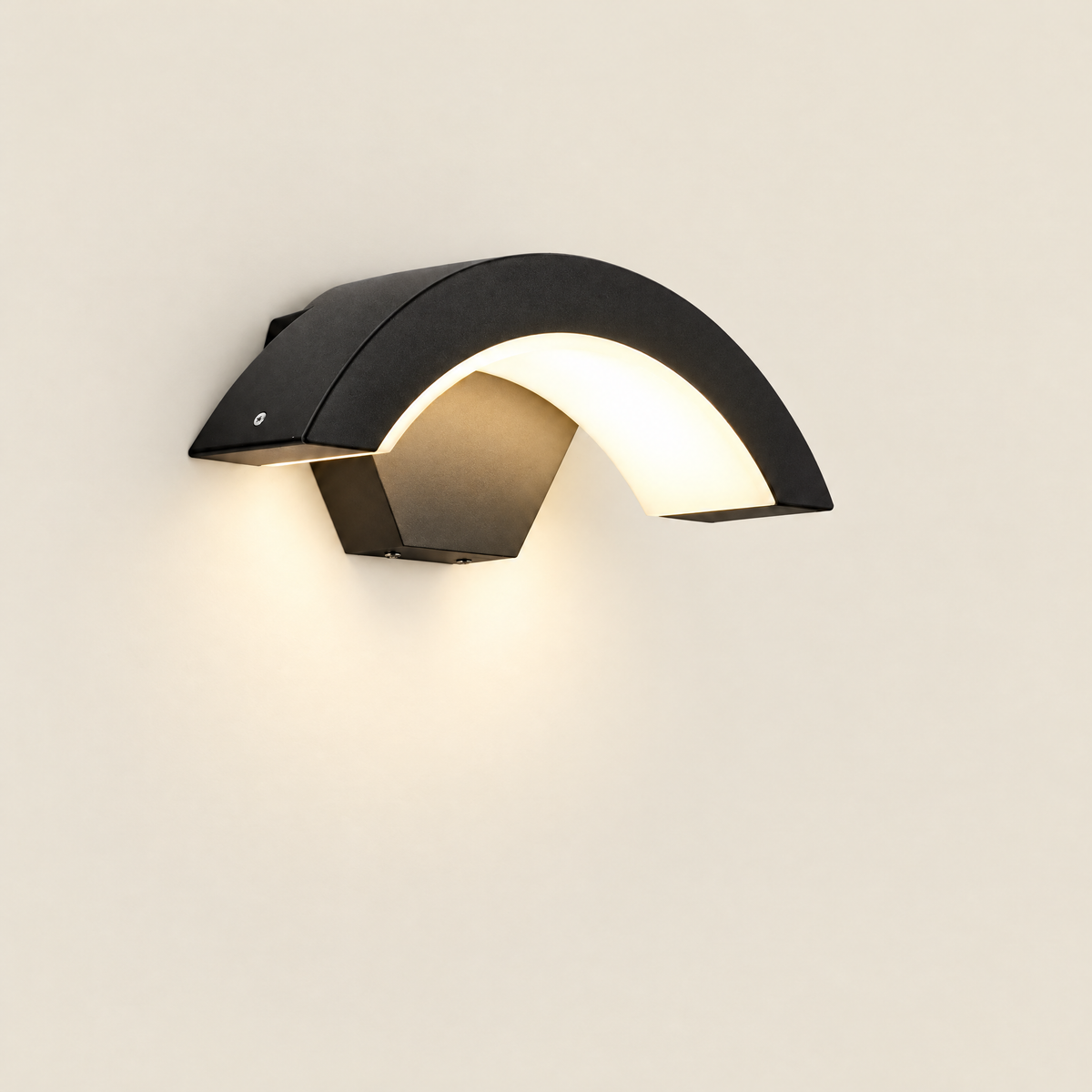 Modern Outdoor LED Wall Light - Curved Black Design on Off-White Background