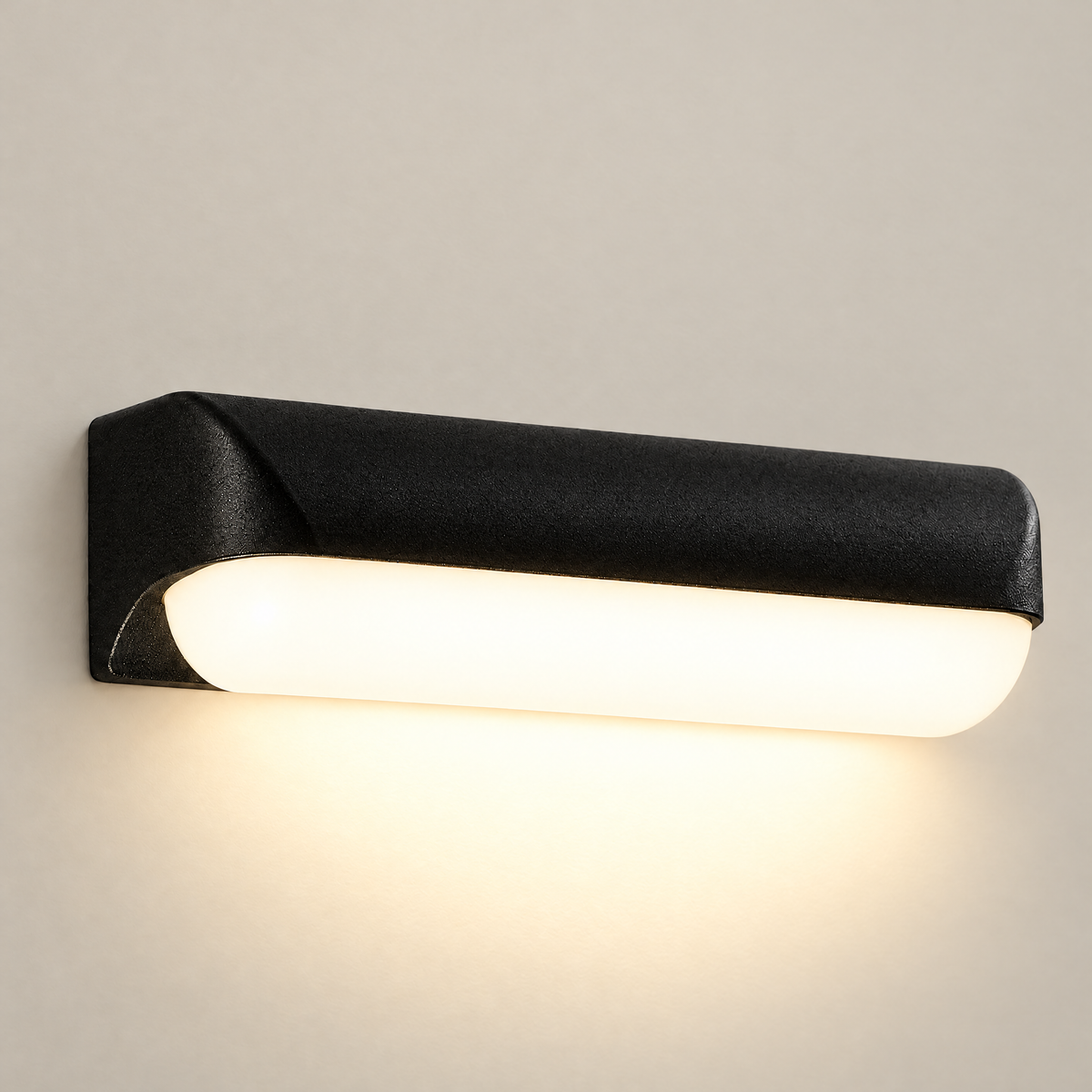 Modern Outdoor LED Wall Light IP65 - Black, Lit with Warm White Downlight on Off-White Background