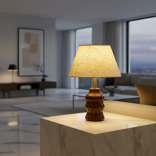 Dimpled Rubber Wood Table Lamp | Walnut Linen Shade Metal Neck 30cm