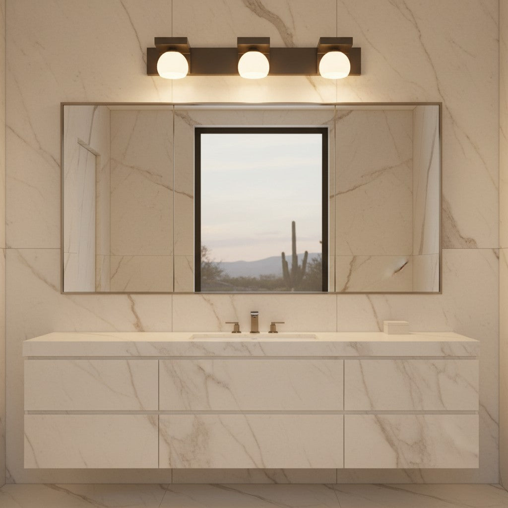Lorvali 3-light bathroom vanity fixture with walnut wood base and glass dome shades mounted above a marble mirror