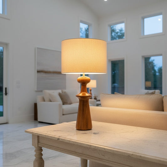Lorvali Abajour table lamp with a walnut rubber wood base and white fabric shade on a marble console table