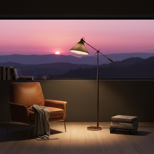 Lorvali adjustable floor lamp with pleated shade next to a leather armchair in a room overlooking a sunset landscape