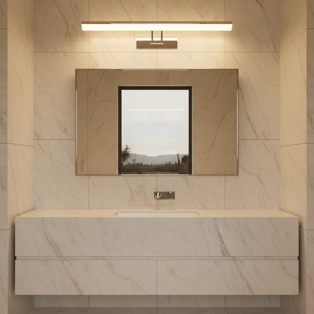 Lorvali contemporary vanity light bar with adjustable LED head mounted above a bathroom mirror and marble vanity