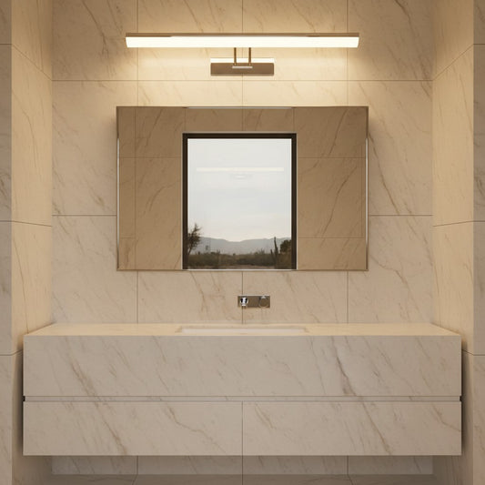 Lorvali contemporary vanity light bar with adjustable LED head mounted above a bathroom mirror and marble vanity