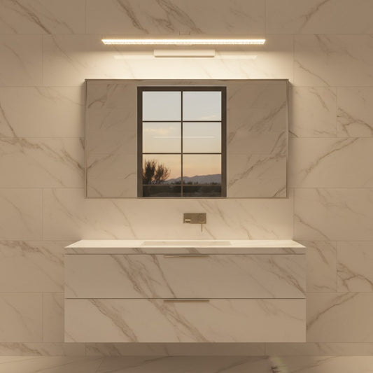 Lorvali adjustable LED bathroom vanity light with crystal-inspired acrylic shade mounted above a modern mirror.
