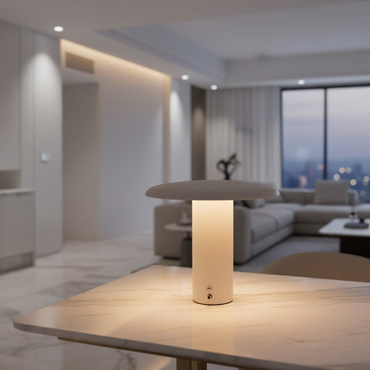 Lorvali Aeloy portable white LED table lamp with a minimalist cylindrical base and wide flat cap on a marble table.