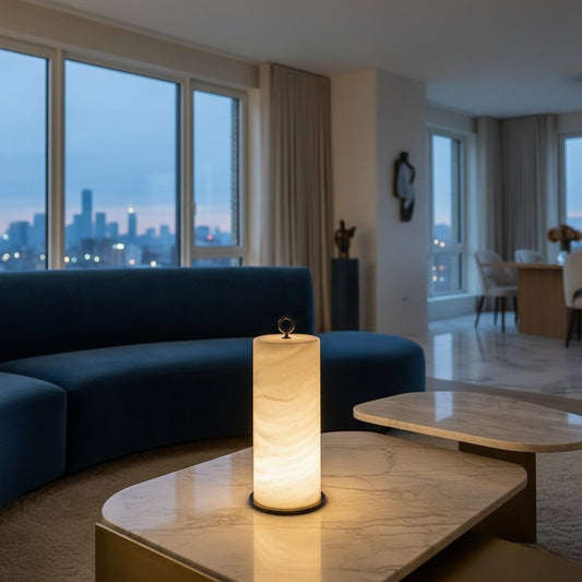 Lorvali Lampa Desc alabaster table lamp with a cylindrical white stone shade and black base on a marble coffee table