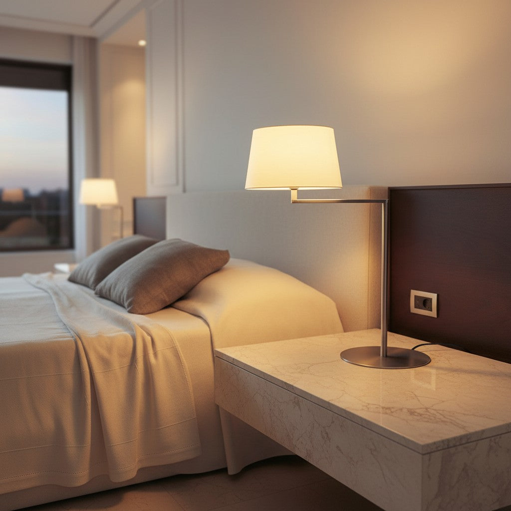 Lorvali Americana table lamp with a white fabric shade and nickel iron arm on a marble nightstand in a bedroom.