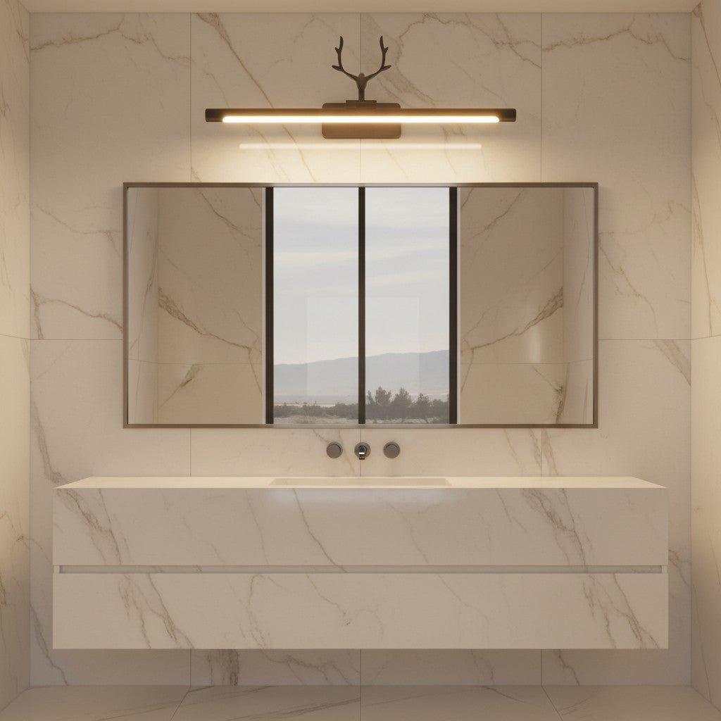 Lorvali antler-inspired black LED vanity light bar mounted above a bathroom mirror on a marble wall.