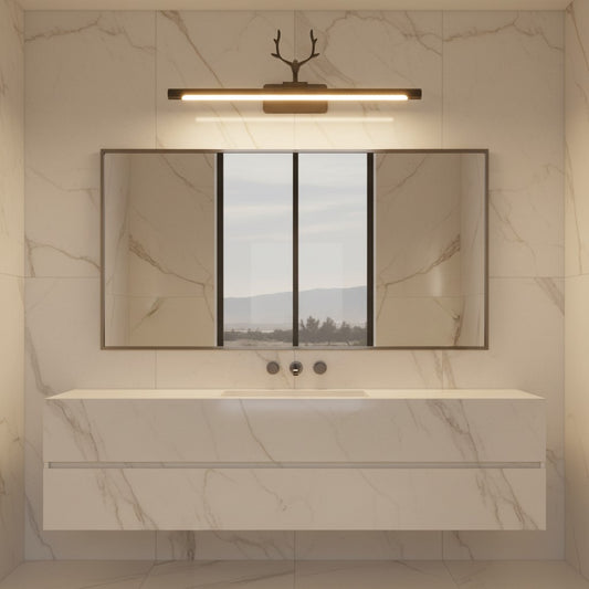 Lorvali antler-inspired black LED vanity light bar mounted above a bathroom mirror on a marble wall.