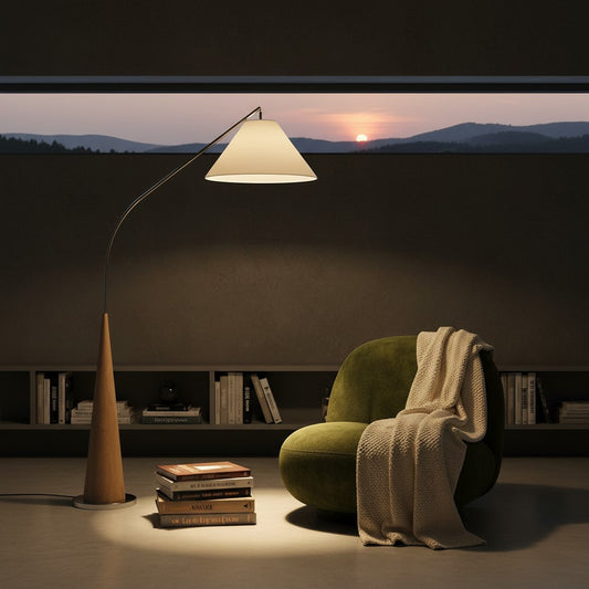 Lorvali Arlow cantilever floor lamp with a wood grain base and white conical shade beside a green lounge chair