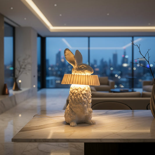 Lorvali Art Rabbit Table Lamp in white resin with a ruffled collar, glowing on a marble table in a modern living room.