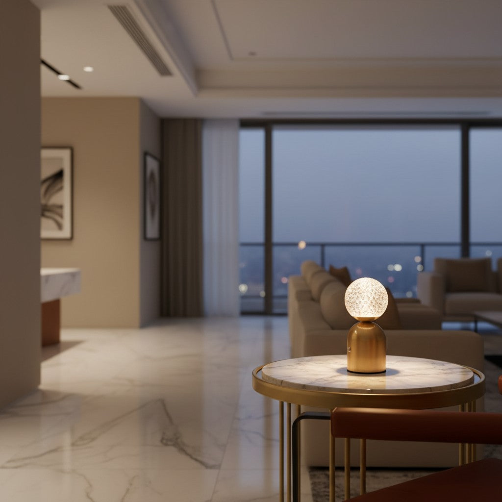 Lorvali Atlas table lamp with a clear diamond-cut acrylic shade and brass base on a marble side table in a living room