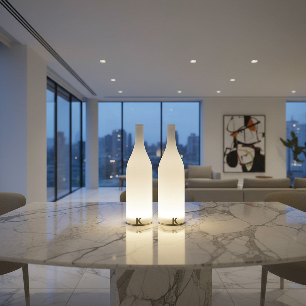 Lorvali Bacco modern white bottle-shaped LED table lamps with rechargeable battery on a marble dining table