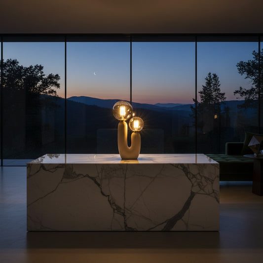 Lorvali modern beige resin cactus table lamp with two glowing glass globe bulbs on a marble surface at twilight.