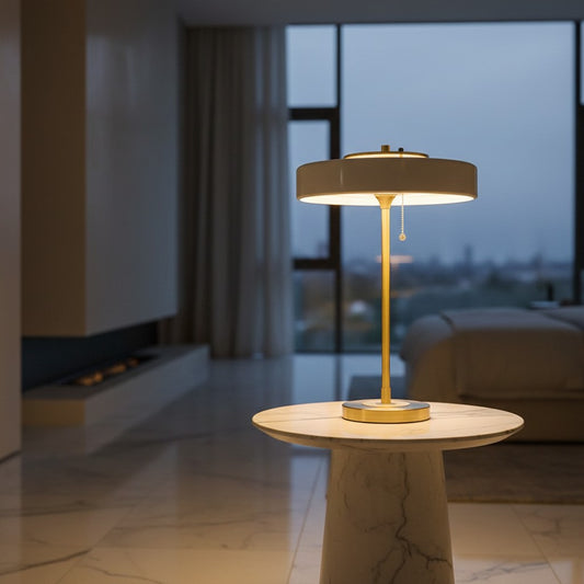 Lorvali Bert Frank Revolve table lamp with a gold finish and white shade on a marble side table in a modern bedroom.