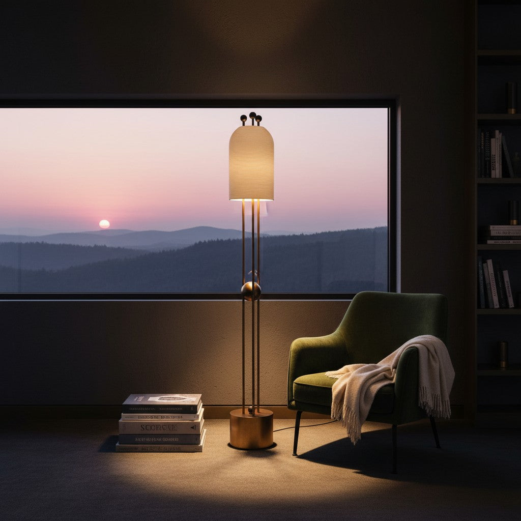 Lorvali Bertha floor lamp with gold iron frame and white glass shade beside a green armchair at sunset
