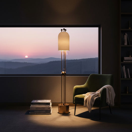 Lorvali Bertha floor lamp with gold iron frame and white glass shade beside a green armchair at sunset