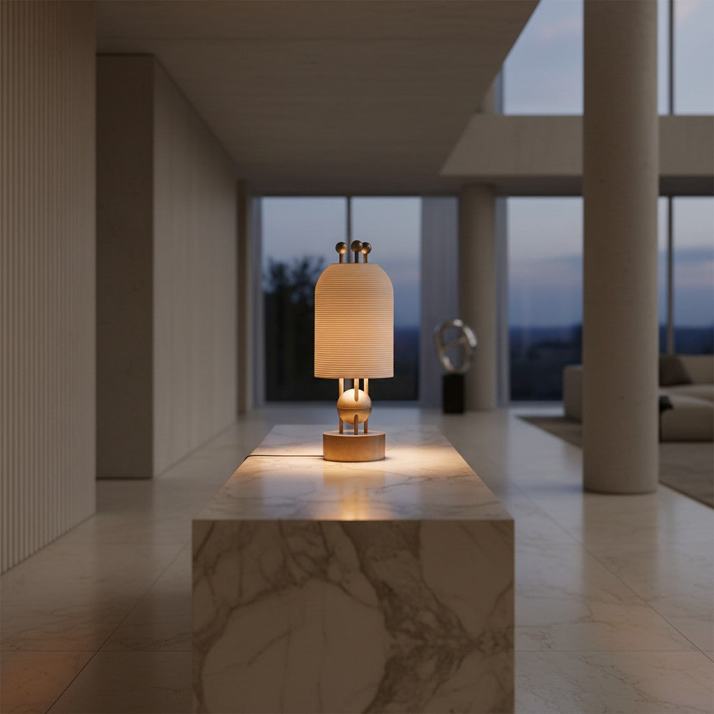 Lorvali Bertha table lamp with a gold iron base and textured white glass shade on a marble console in a modern room.