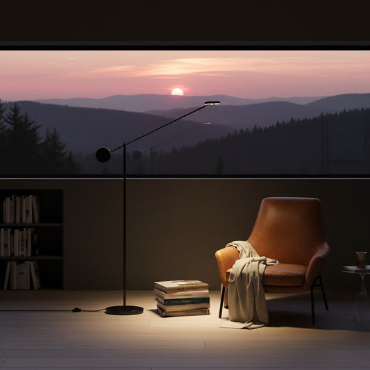 Lorvali modern black metal floor lamp with adjustable arm beside a leather armchair in a sunset living room setting