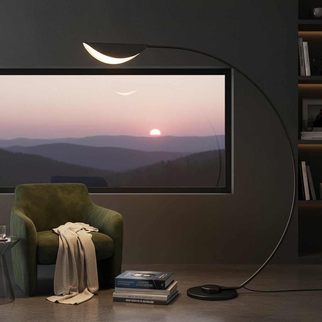 Lorvali contemporary black arc floor lamp with a white acrylic shade in a cozy reading corner with a green armchair.