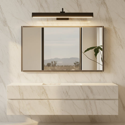 Lorvali Italian-style black H65 copper LED vanity light mounted above a bathroom mirror with marble wall background
