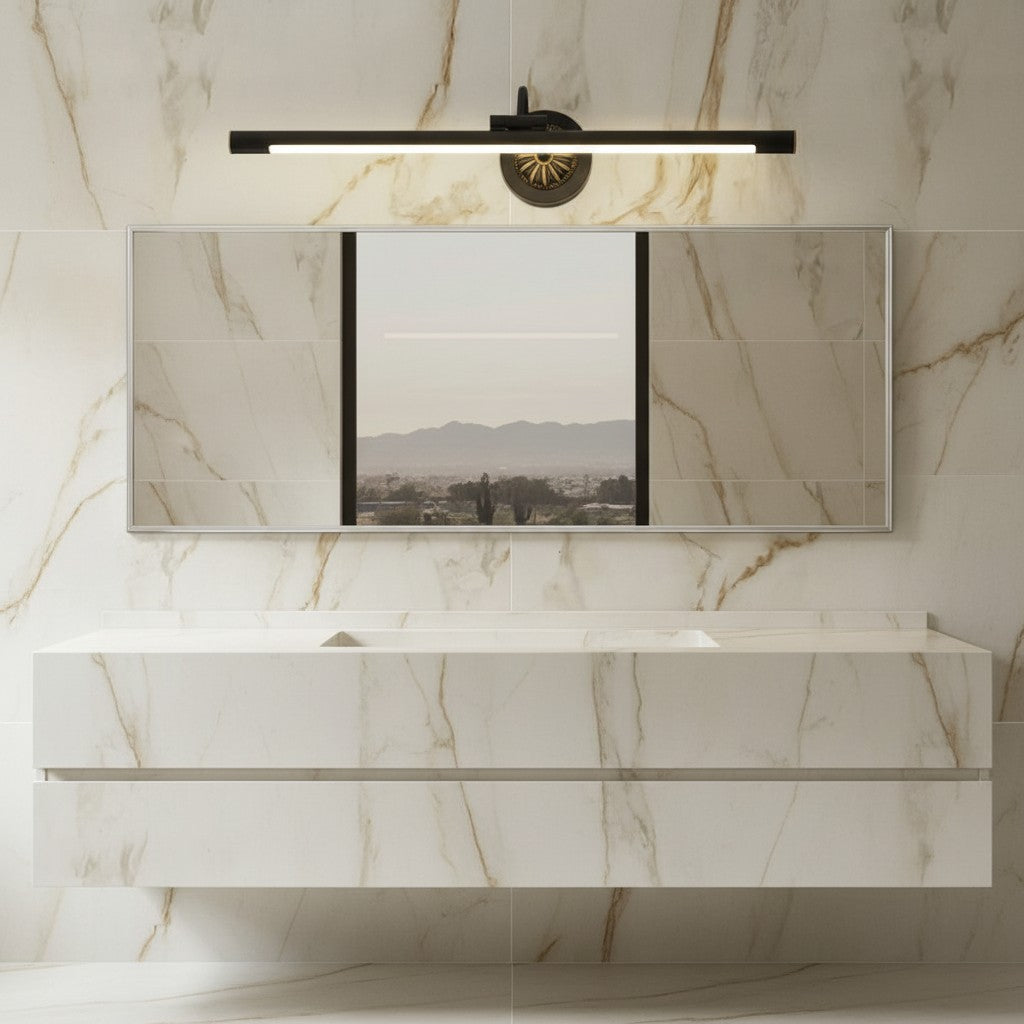 Lorvali black and copper linear LED vanity light with an adjustable head mounted above a modern bathroom mirror.