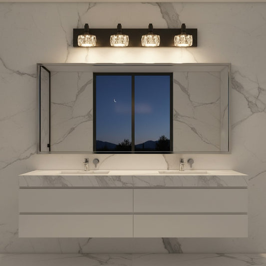 Lorvali 4-head black iron bathroom vanity light with transparent crystal shades mounted above a modern mirror