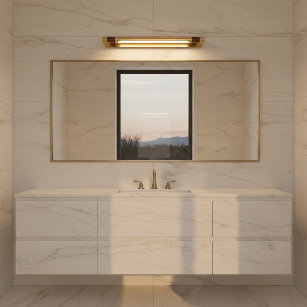 Lorvali modern black and gold LED vanity light mounted above a bathroom mirror with warm adjustable lighting
