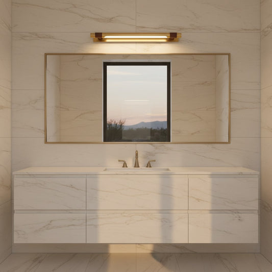 Lorvali modern black and gold LED vanity light mounted above a bathroom mirror with warm adjustable lighting